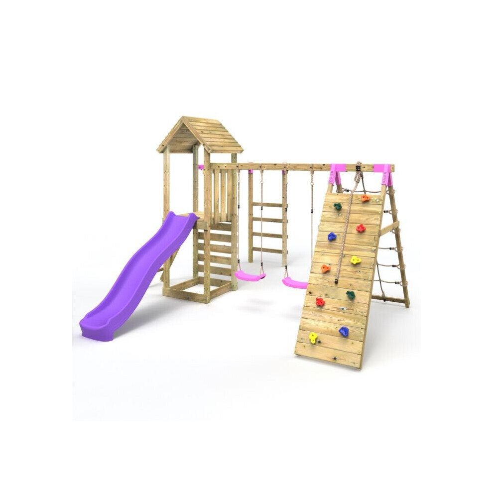 (Dolomite Pink) Rebo Wooden Climbing Frame with Swings, Slide, Up & over Climbing wall and Monkey Bars