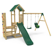 (Rainier+) Rebo Wooden Climbing Frame with Vertical Rock Wall, Swing Set and Slide