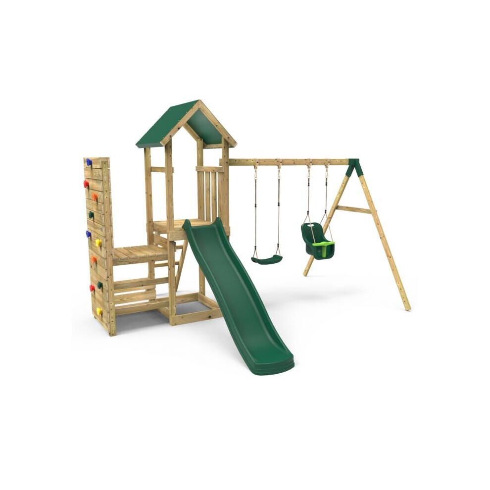 Rebo (Rainier+) Wooden Climbing Frame With Vertical Rock Wall, Swing Set And Slide