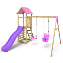 Rebo Adventure Wooden Garden Climbing Frame, Swing Set and Slide for Kids - Rainier Pink