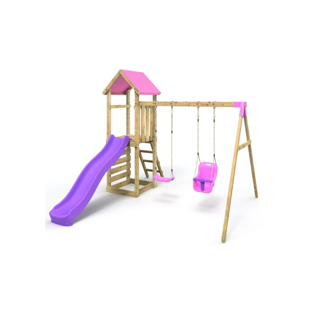 (Rainier Pink) Rebo Adventure Wooden Climbing Frame, Swing Set and Slide