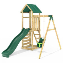 Rebo Adventure Wooden Garden Climbing Frame, Swing Set and Slide for Kids - Rosa Green