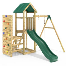 (Rushmore+) Rebo Wooden Climbing Frame with Vertical Rock Wall, Swing Set and Slide