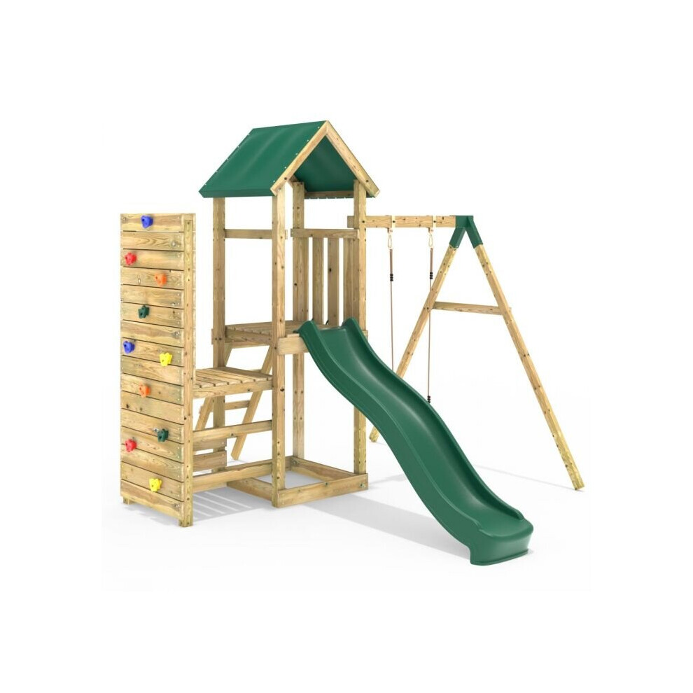 (Rushmore+) Rebo Wooden Climbing Frame with Vertical Rock Wall, Swing Set and Slide