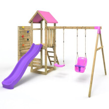 (Rainier+ Pink) Rebo Wooden Climbing Frame with Vertical Rock Wall, Swing Set and Slide