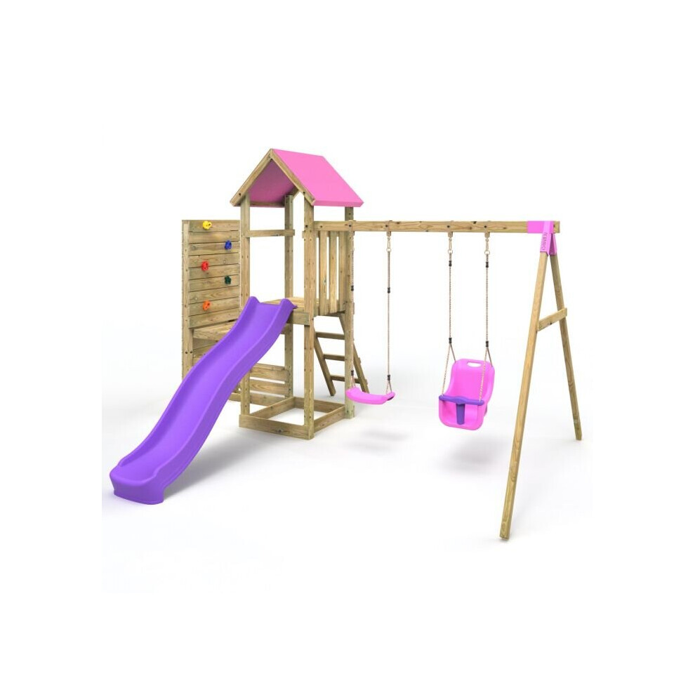 Rebo (Rainier+ ) Wooden Climbing Frame With Vertical Rock Wall, Swing Set And Slide Pink