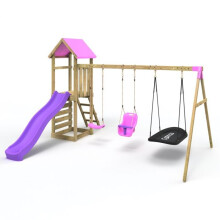 Rebo Adventure Wooden Garden Climbing Frame, Swing Set and Slide for Kids - Snowdon Pink