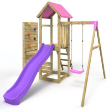 (Rushmore+ Pink) Rebo Wooden Climbing Frame with Vertical Rock Wall, Swing Set and Slide