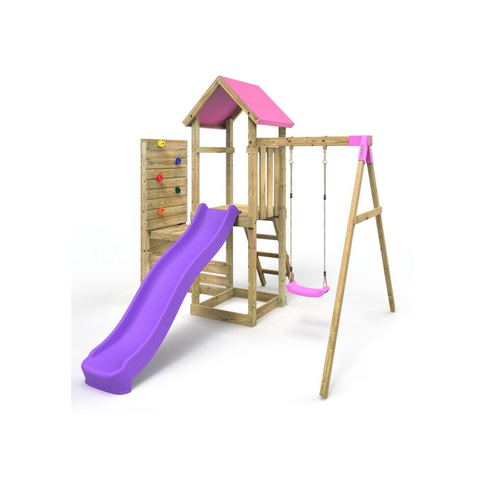 Rebo (Rushmore+ ) Wooden Climbing Frame With Vertical Rock Wall, Swing Set And Slide Pink