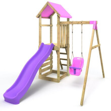Rebo Adventure Wooden Garden Climbing Frame, Swing Set and Slide for Kids - Rosa Pink