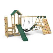 (San Luis+) Rebo Wooden Climbing Frame with Vertical Rock Wall, Swing Set and Slide