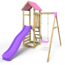 Rebo Adventure Wooden Garden Climbing Frame, Swing Set and Slide for Kids - Rushmore Pink