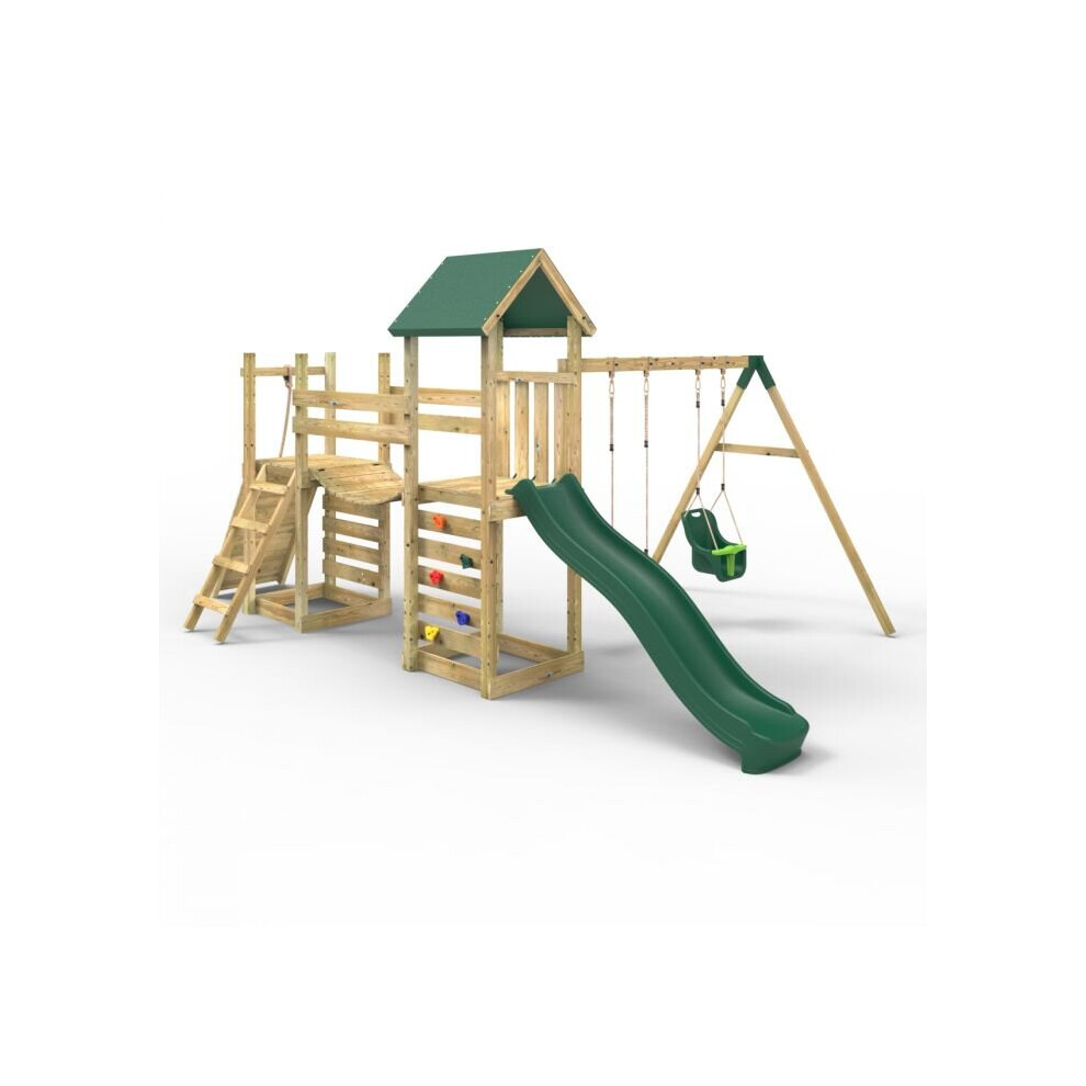 (Rainier) Rebo Double Tower Climbing Frame with Flexible Bridge, Swing & Slide