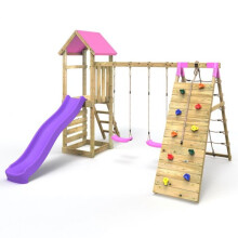 (Greenhorn Pink) Rebo Challenge Wooden Climbing Frame with Swings, Slide and Up & Over Climbing Wall