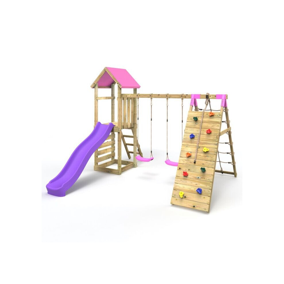 Wooden Climbing Frame with Swing, Up-and-Over Climbing Wall and Slide - Greenhorn Pink