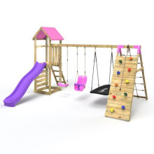 (Sanford Pink) Rebo Challenge Wooden Climbing Frame with Swings, Slide and Up & Over Climbing Wall