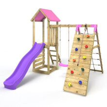 (Bear Pink) Rebo Challenge Wooden Climbing Frame with Swings, Slide and Up & Over Climbing Wall