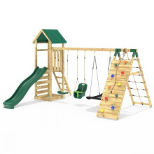(Sanford) Rebo Challenge Wooden Climbing Frame with Swings, Slide and Up & Over Climbing Wall