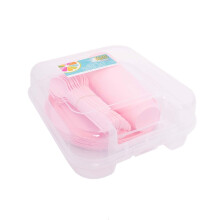 Pink 30-Piece Plastic Picnic Set with Carry Case - Reusable Tableware for Camping, BBQ, Summer Parties (AM2187)