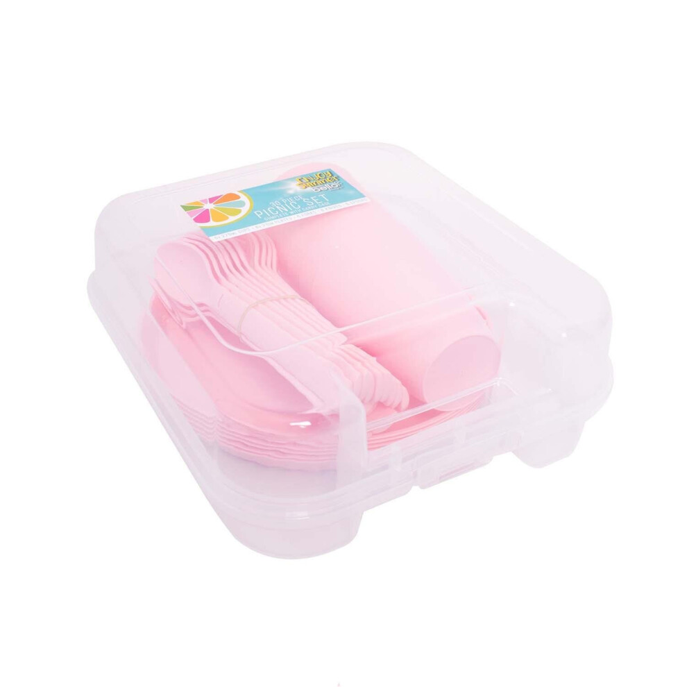 Pink 30pc Picnic Set Plastic Set Reusable Camping Summer Party BBQ Plate Cup Cutlery Caravan Tumblers Tableware with Carry Case Portable