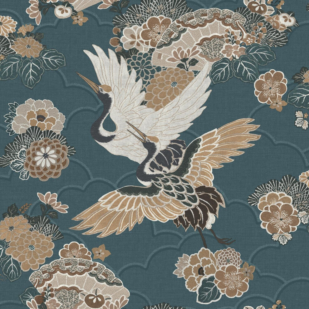Rasch Kyoto Crane Wallpaper Textured Oriental Japanese Birds Floral Green/Yellow