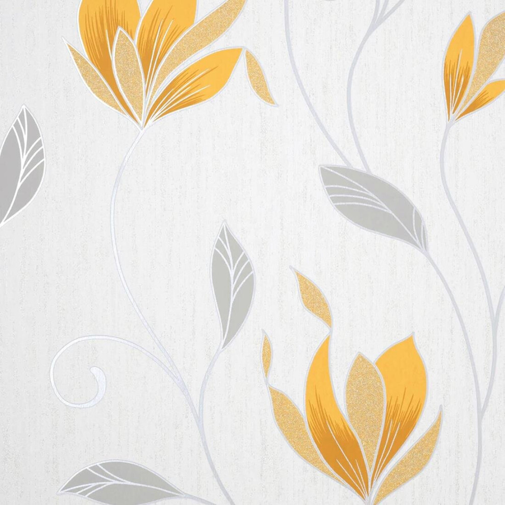 Fine Decor Synergy Floral Mustard Yellow Silver White Paste The Paper Wallpaper