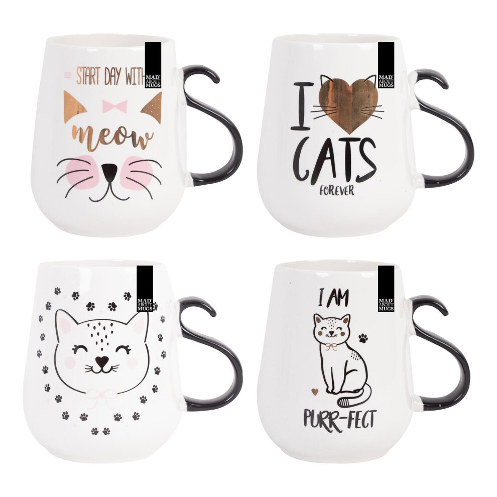 Set Of 4 Cat Design Mugs New Bone China Coffee Tea Cups Meow Paws Purrfect 350ml