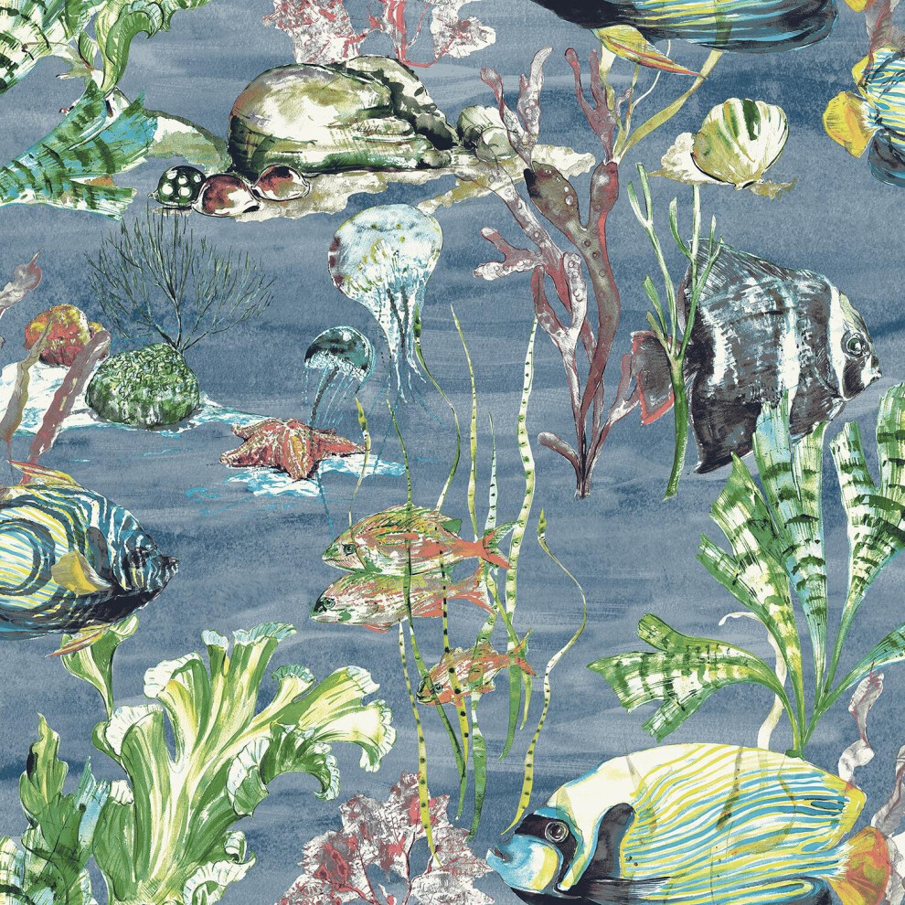 Grandeco Aquarium Wallpaper Watercolour Fish Jellyfish Sea Life Creatures Blue