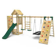 (Pyrennes+) Rebo Wooden Climbing Frame with Vertical Rock Wall, Swing Set and Slide