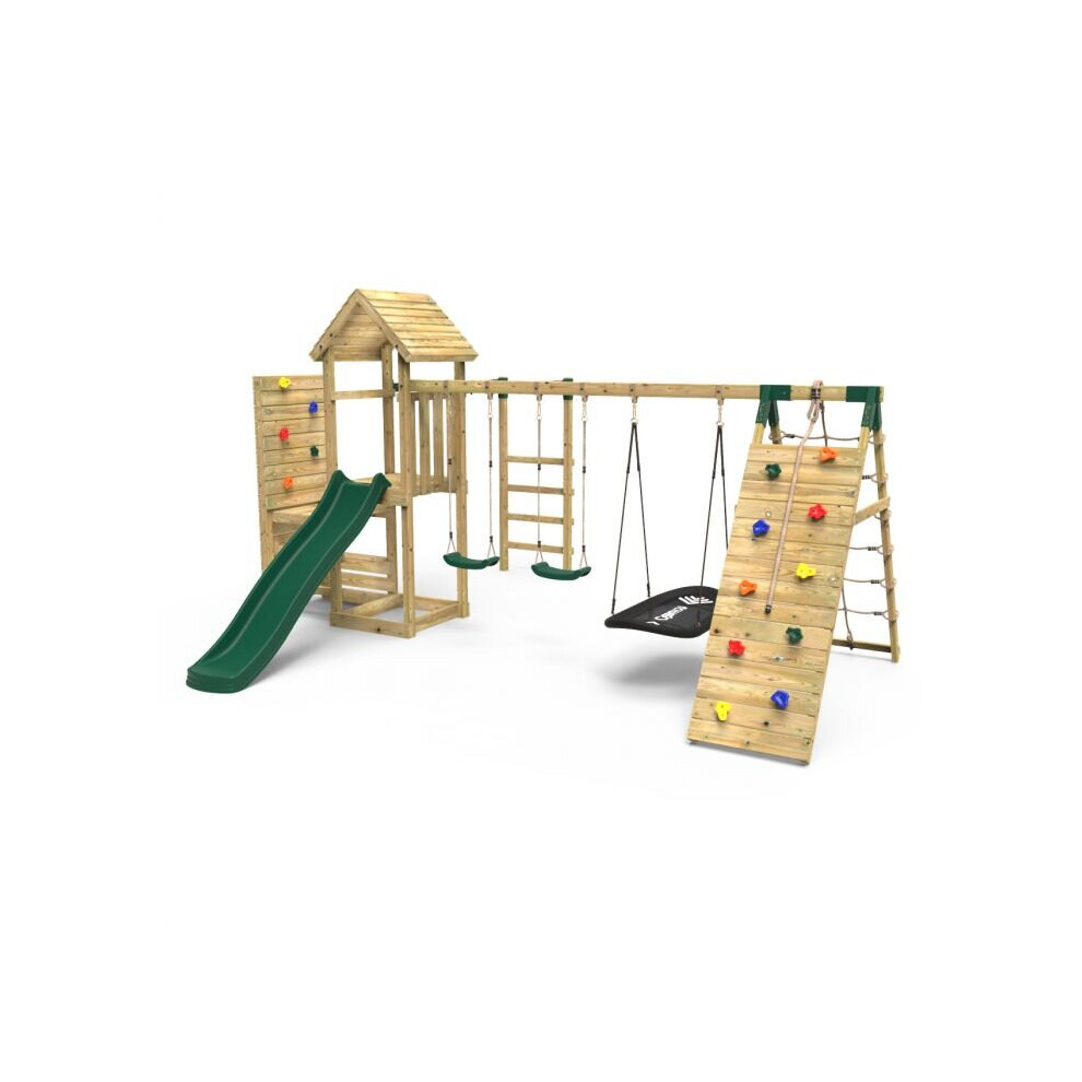Rebo (Pyrennes+) Wooden Climbing Frame With Vertical Rock Wall, Swing Set And Slide