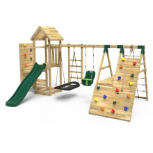 (Cairngorm+) Rebo Wooden Climbing Frame with Vertical Rock Wall, Swing Set and Slides