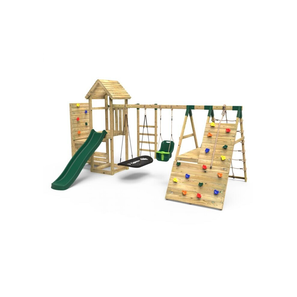 Rebo (Cairngorm+) Wooden Climbing Frame With Vertical Rock Wall, Swing Set And Slides