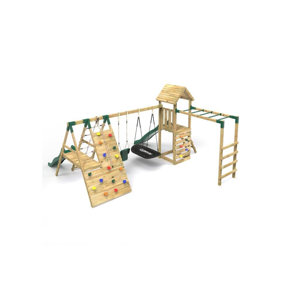 Wooden Climbing Frame with Swing, Climbing Wall, Monkey Bars and Two Slides - Cairngorm Green