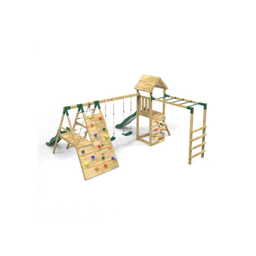 Rebo (Pennine) Wooden Climbing Frame With Swings, 2 Slides, Up & Over Climbing Wall And Monkey Bars