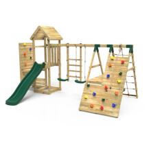 (Pennine+) Rebo Wooden Climbing Frame with Vertical Rock Wall, Swing Set and Slides