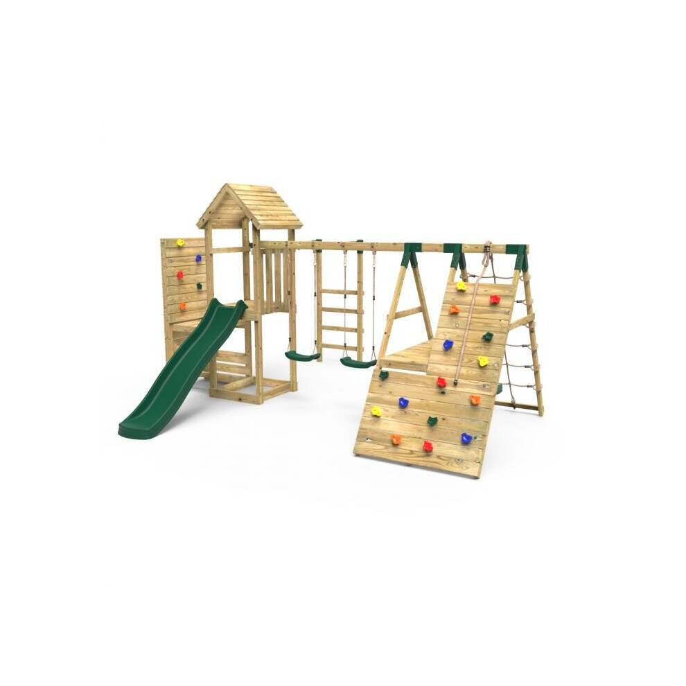 Rebo (Pennine+) Wooden Climbing Frame With Vertical Rock Wall, Swing Set And Slides