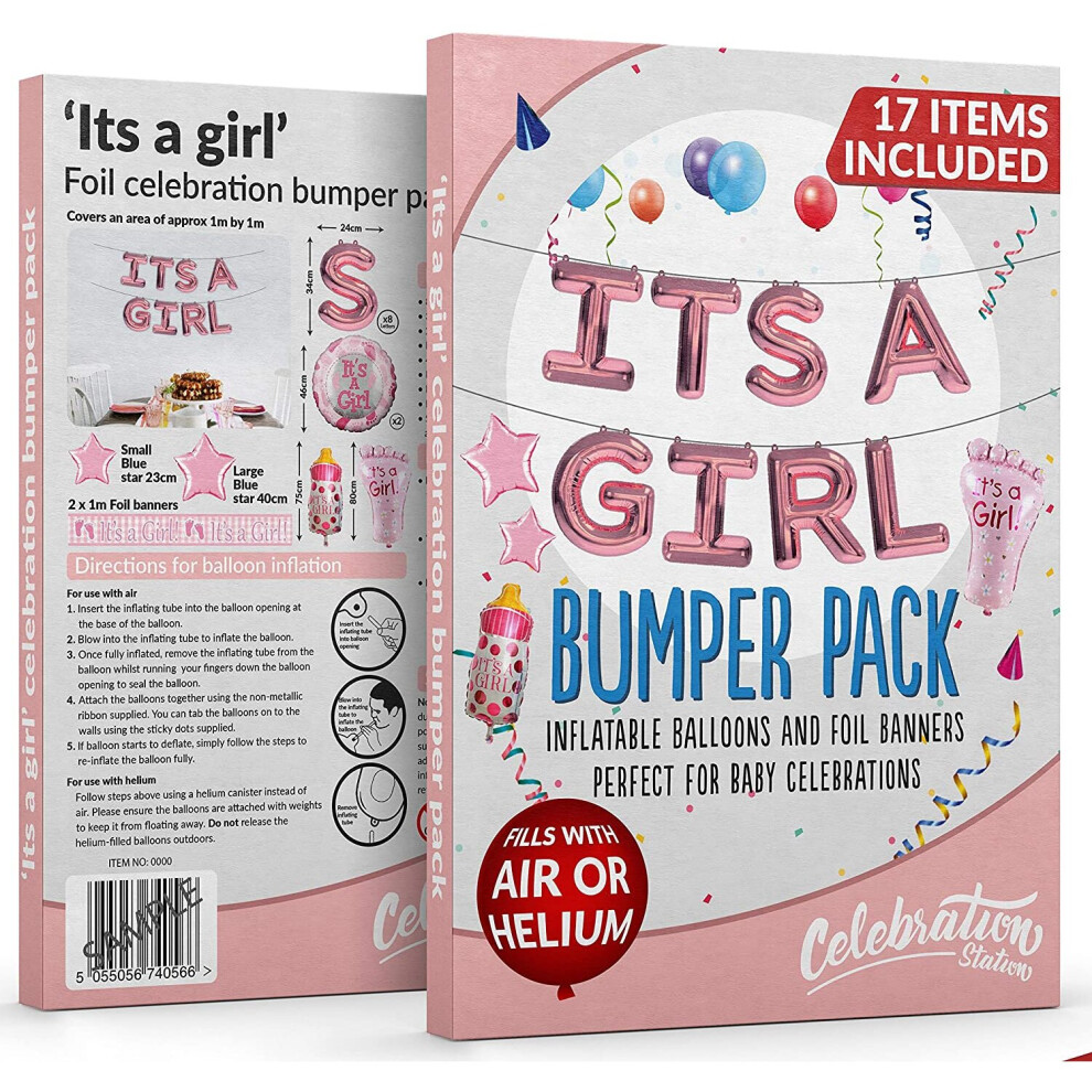 Its A Girl Celebration Balloons Foil Banners Baby Shower Party 17 Pack Pink