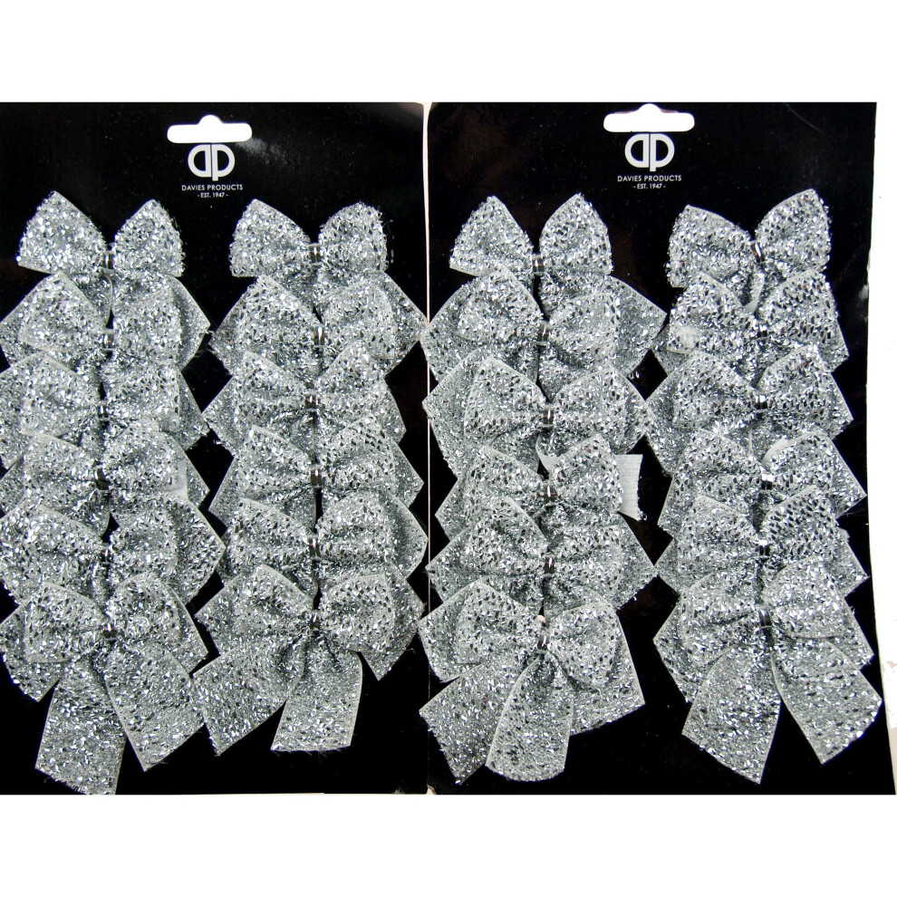 24 Mini Silver Glitter Bows With Ties - Christmas Tree Decorations / Craft