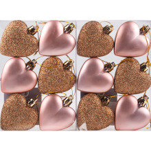 Love Heart Christmas Tree Baubles - Rose Gold Set of 12 (6 Glitter, 6 Matte) 5 cm with Hanging Strings - 55170