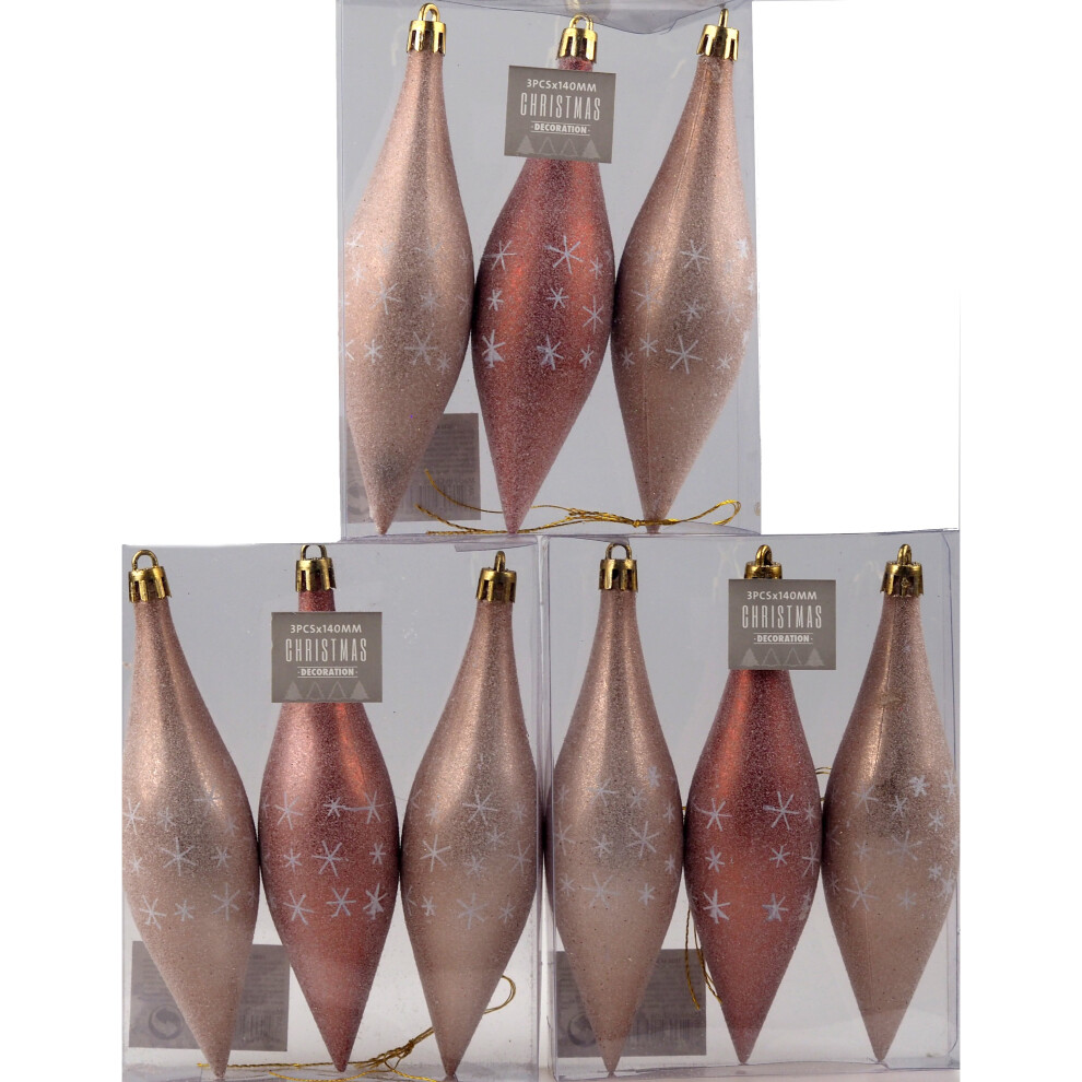 Christmas Frosted Droplet Baubles Tree Decorations Large - Pink (Set of 9)