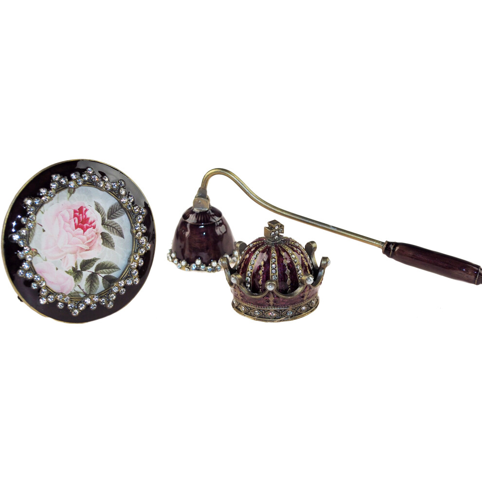 3 Piece Ladies Enamelled Gift Set - Candle Snuffer, Frame, Crown Trinket Box