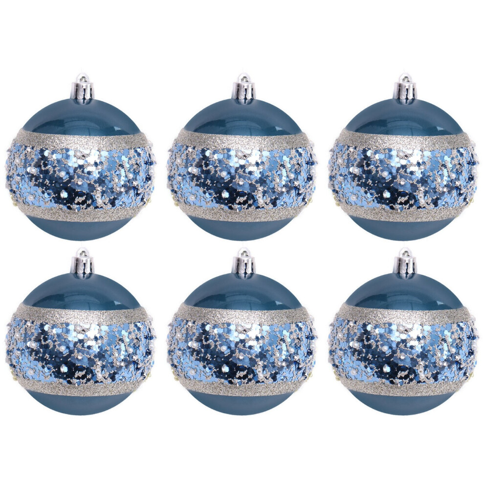 Christmas Tree Baubles Art Deco Inspired - Teal Blue / Silver Sequin (Set of 6)