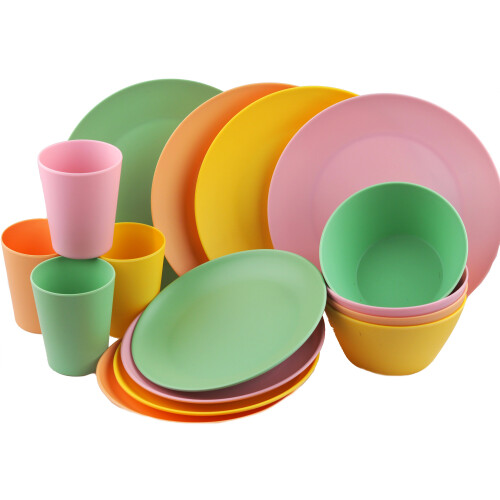 Melamine Plastic Dining Set - Plate Cups Bowl / Block Colour Pastel 16 Piece