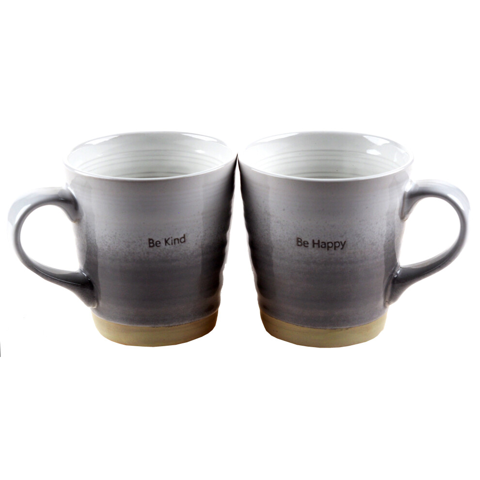 Pottery Style Mugs - Grey / Black - Be Kind / Happy (Set Of 2)