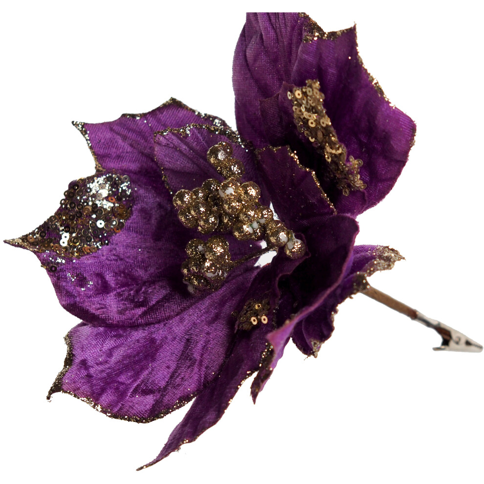 Clip-on Christmas Poinsettia Flower Decorations 21cm - Purple & Gold (Set of 6)