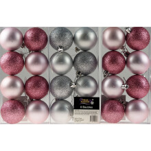 Baby Pink / Silver 6cm Christmas Tree Baubles Decorations (Set of 24)