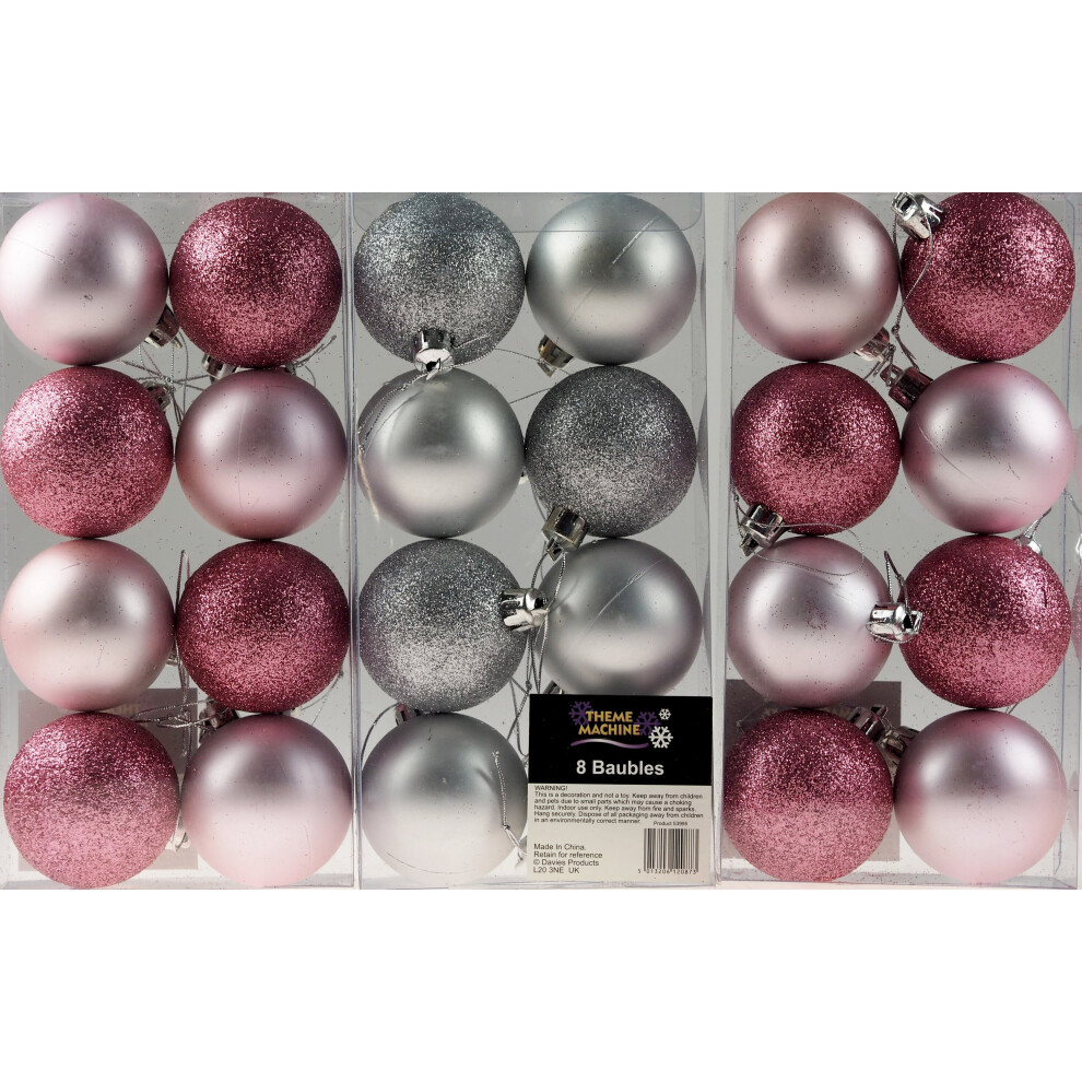 Baby Pink / Silver 6cm Christmas Tree Baubles Decorations  (Set of 24)