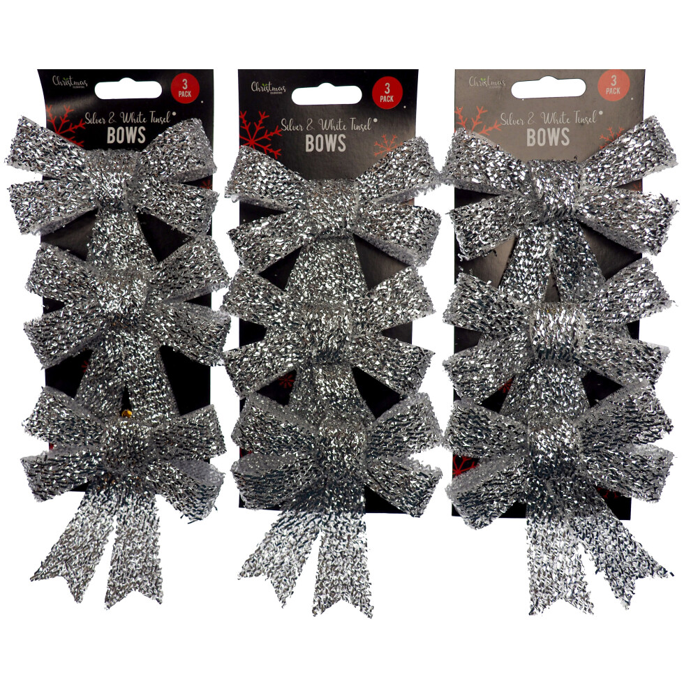 Sparkling Tinsel Silver Bow Christmas Tree Baubles Decorations (Set of 9)