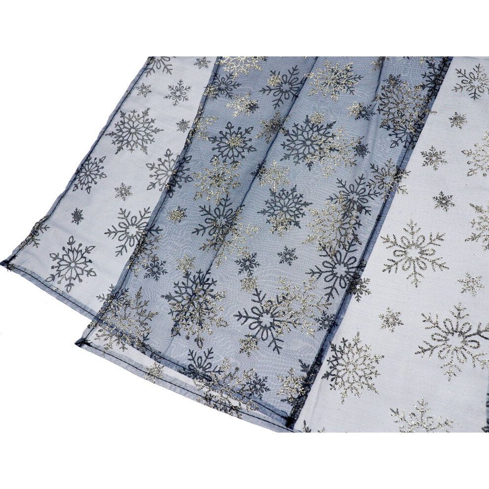 Sheer Voile Christmas Table Runner - 150 X 32cm - Navy Blue Silver Snowflakes