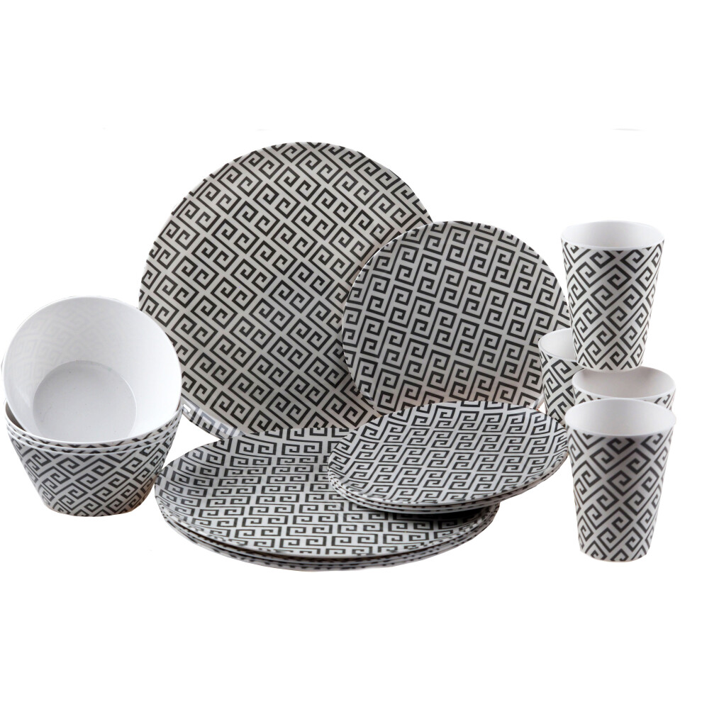 Melamine Plastic Dinner Set - Grey Geometric Plate Cup Bowl  (16 Piece Set)